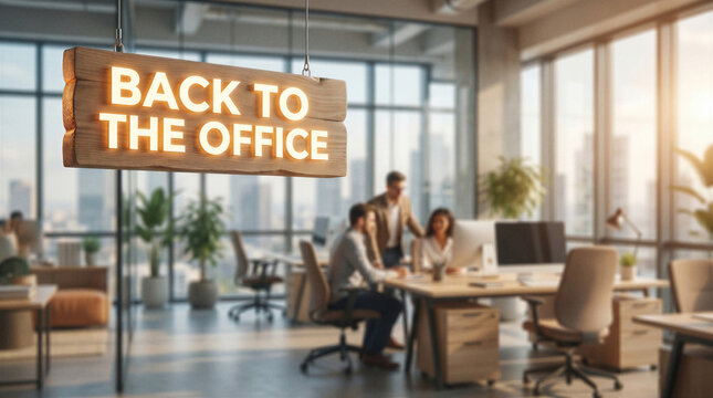 Back to the office sign in modern workplace with blurred team meeting in background, corporate return, reopening and employee comeback with copy space.