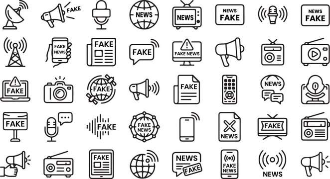 Black and white line icons of fake news and media symbols on white background