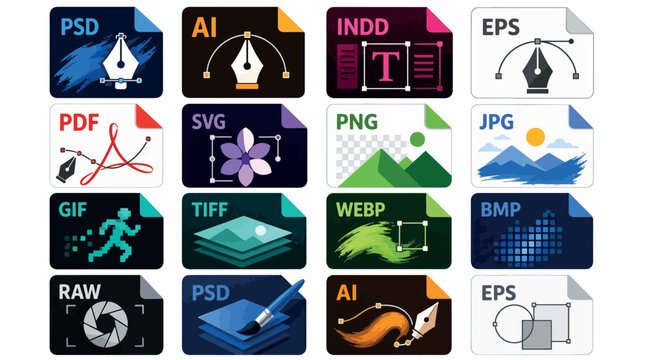 Collection of various digital file format icons for graphic editing and image processing.