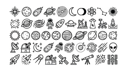 Collection of black line icons of space and astronomy objects and concepts on white background  planets moons stars galaxies telescopes rockets © CHANCHALA  SARKAR