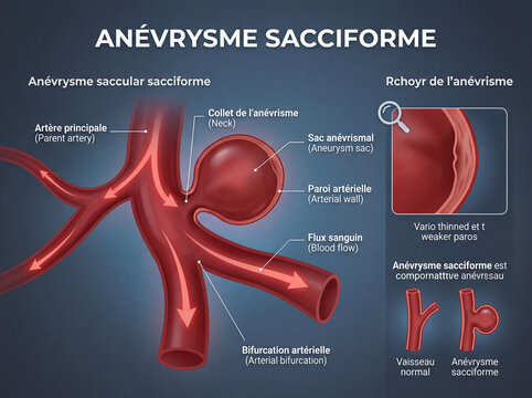 Illustration anatomique d&rsquo;un an&eacute;vrysme sacciforme c&eacute;r&eacute;bral avec sch&eacute;ma m&eacute;dical d&eacute;taill&eacute; et visualisation scientifique moderne