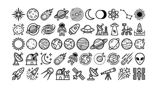 Collection of black line icons of space and astronomy objects and concepts on white background  planets moons stars galaxies telescopes rockets