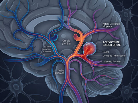 Illustration anatomique d&rsquo;un an&eacute;vrysme sacciforme c&eacute;r&eacute;bral avec sch&eacute;ma m&eacute;dical d&eacute;taill&eacute; et visualisation scientifique moderne