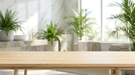 Fototapeta premium Empty wooden table top in bright luxury bathroom interior with green plants for product mockup presentation banner
