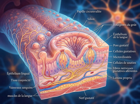Illustration anatomique des r&eacute;cepteurs du go&ucirc;t avec sch&eacute;ma scientifique moderne et visualisation d&eacute;taill&eacute;e
