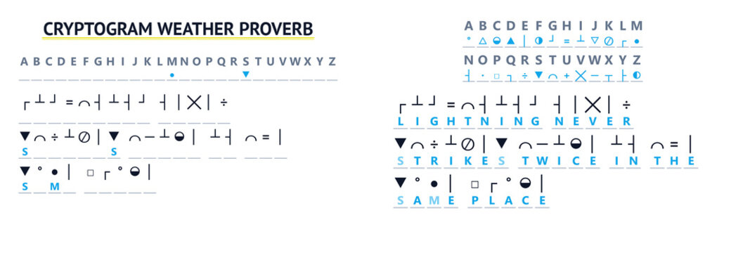 Cryptogram weather proverbs illustrated with symbols and letters  