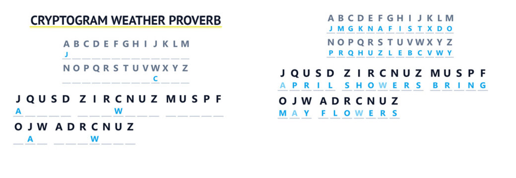 Cryptogram weather proverbs with coded messages on white background  