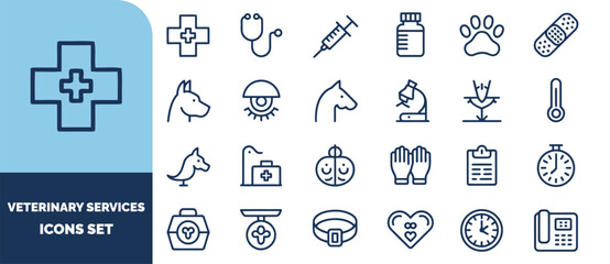 Fototapeta premium Veterinary services set, collection of outline medical symbols for pets featuring stethoscope, syringe, animals, and care equipment