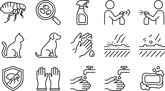 Vector line icons for pet flea treatment and hygiene practices for dogs and cats isolated on white background