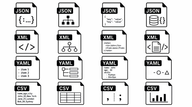 Collection of file format icons representing data structures like JSON, XML, YAML, and CSV.