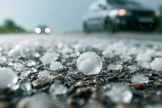 Car pulled over on a highway shoulder during a severe hailstorm after an extreme heatwave, illustrating dangerous weather conditions, transportation disruptions and climate change impacts
