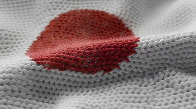 Knit Fabric Texture Red Heart Patch on Soft Wool Surface in Close Up