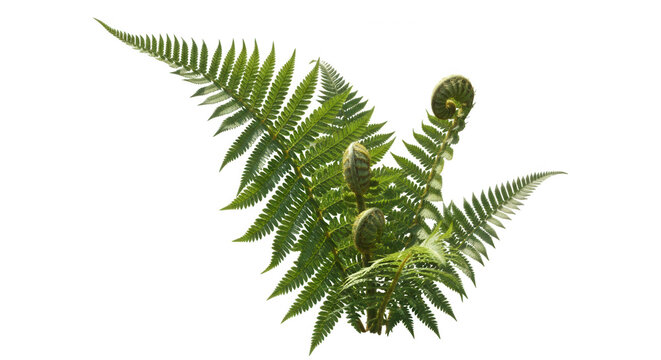 Detailed fern fronds with fiddleheads lush green foliage botanical illustration isolated on transparent background for design projects and compositions
