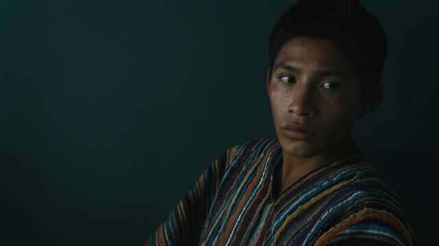 Portrait of thoughtful indigenous young man wearing traditional striped clothing. Latin American male looking away in dark room. Cultural heritage and diversity concept