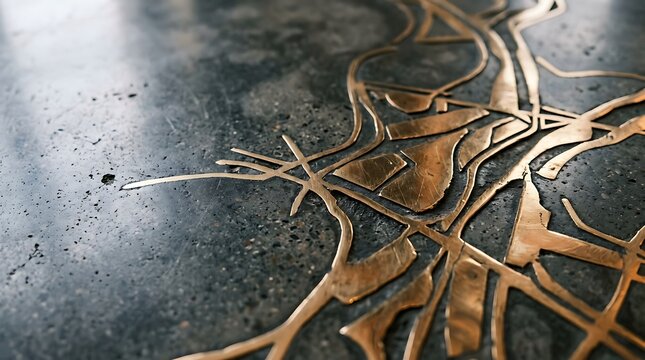 Closeup of a decorative brass inlay design embedded in a dark polished concrete floor, featuring abstract organic lines and geometric shapes in a modern architectural setting