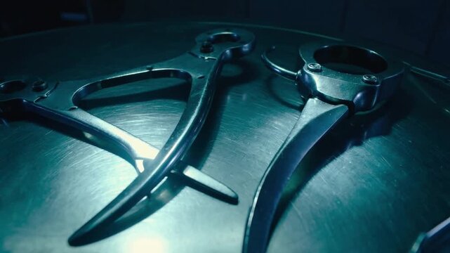 Medical malpractice and surgical error concept close-up of surgical instruments on a sterile table in a dark operating room