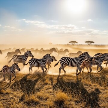 Herd of zebras running across savanna under sunny sky during daytime
