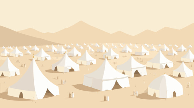 A clean flat vector illustration of a wide view of hundreds of white pilgrim tents filling a sandy desert valley with mountain ridges, representing the Hajj gathering in Mina for Islamic design.