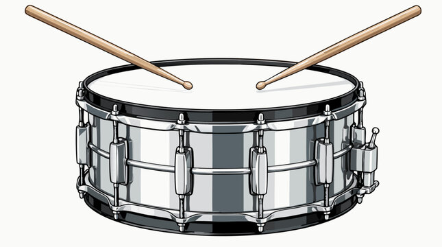 A detailed flat vector illustration of a shiny silver snare drum with wooden drumsticks crossed on top, ideal for music, military parade, marching band, and percussion performance design.