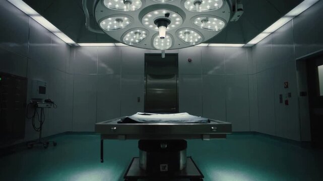 Medical emergency and healthcare crisis concept empty operating room with bright surgical lights hospital interior for medical drama and documentary
