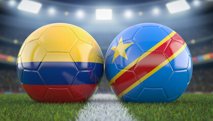 Fototapeta premium Two soccer balls with Colombia and DR Congo flag colors on stadium field under bright lights, creating exciting sports atmosphere