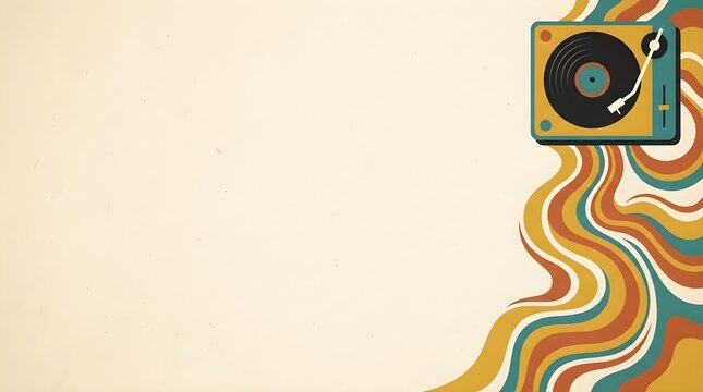 A 70s aesthetic background design displaying a classic record player with flowing groovy colorful waves on a rustic cream paper canvas with large negative space.