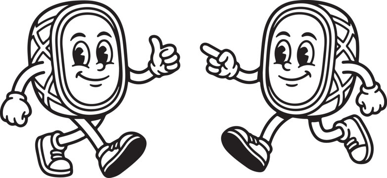 Cartoon drum character dancing and pointing with joy during a lively musical performance