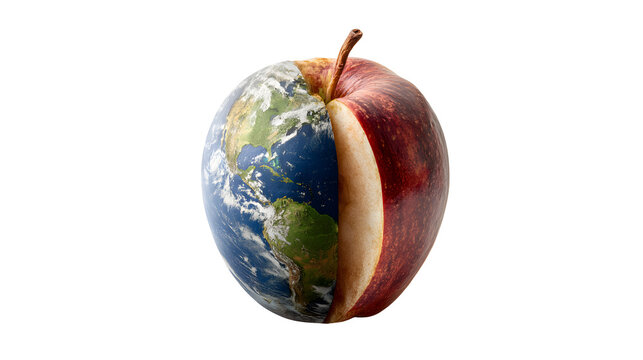 Half apple half planet earth, food earth concept isolated on white background