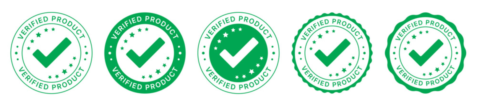 Verified product badge collection with approval check mark seals and certification stamp labels set