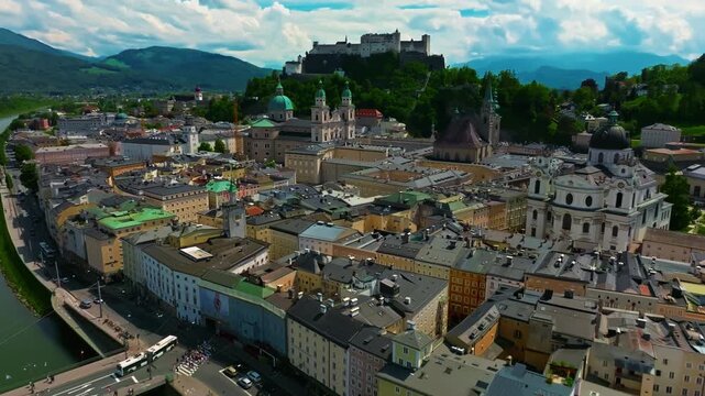 Aerial view of Austrian city of Salzburg is the birthplace of the famous composer Mozart