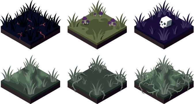 Isometric Dark Fantasy Grass Tile Set with Spooky Skull Poisonous Mushrooms Lava Cracks and Thorny Vines for Cursed RPG Game Map Design