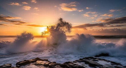 Obraz premium Sunset Over Ocean Waves Crashing on Rocks.