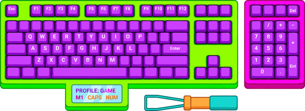 Mechanical Gaming Keyboard Vector Icon Set with Detachable Numpad Layout and Wire Keycap Puller Tool for Computer PC Customization Hardware Designs