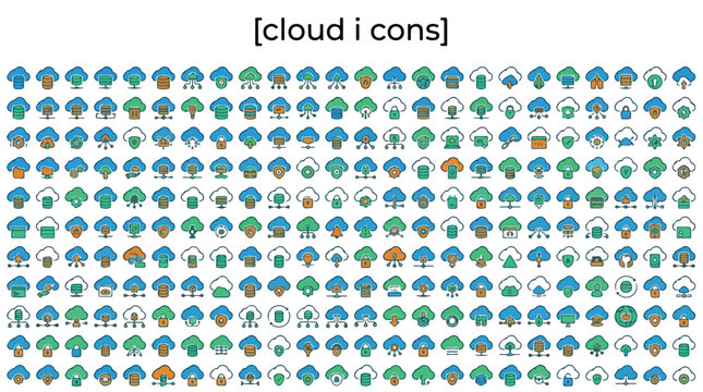Cloud icons collection, flat vector cloud computing symbols for data storage and networking, blue and green cloud set for web design and app UI