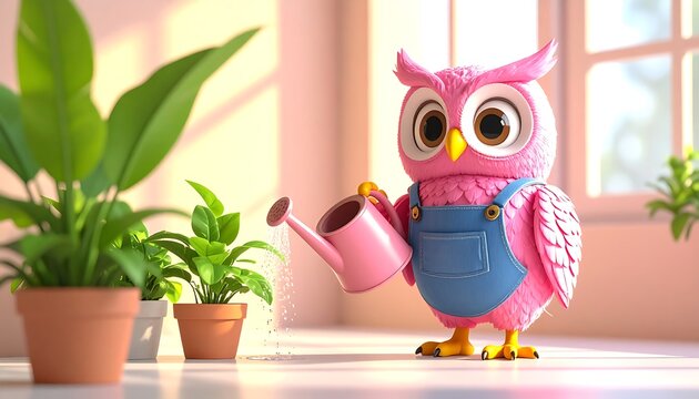Adorable cartoon owl watering a fresh green plant, creating a cheerful gardening illustration perfect for eco-friendly branding