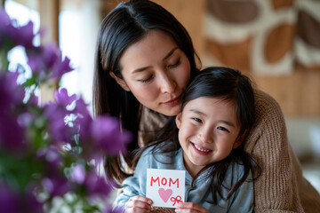 Obraz premium A loving young Asian mother gently embraces her smiling daughter who is holding a handmade Mother's Day card with a heart, celebrating family love and bonding in a cozy home setting with purple flo...