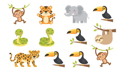 Fototapeta premium Cute jungle animals illustration set featuring elephant, tiger, monkey, leopard, toucan, snake, and sloth in cartoon style.