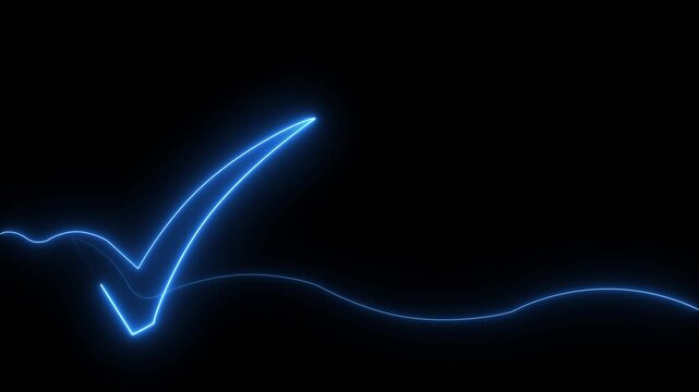 Neon blue check mark forming on black background abstract glowing line animation success confirmation approval verification concept. Glowing Neon Check Mark Symbol Animation,