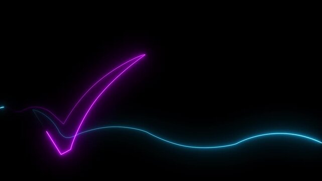 Neon  check mark forming on black background abstract glowing line animation success confirmation approval verification concept. Glowing Neon Check Mark Symbol Animation,
