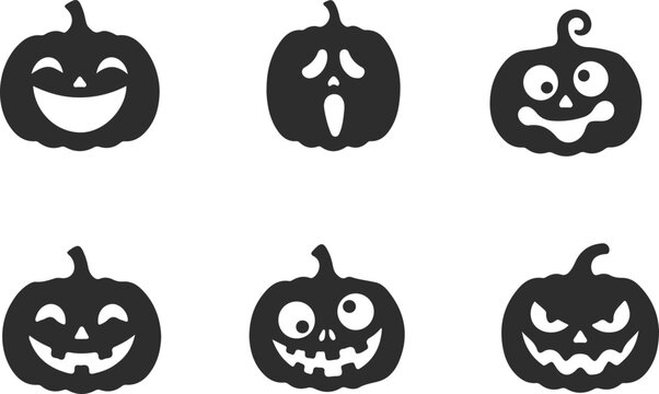 Set of halloween pumpkin silhouettes with different funny and scary faces