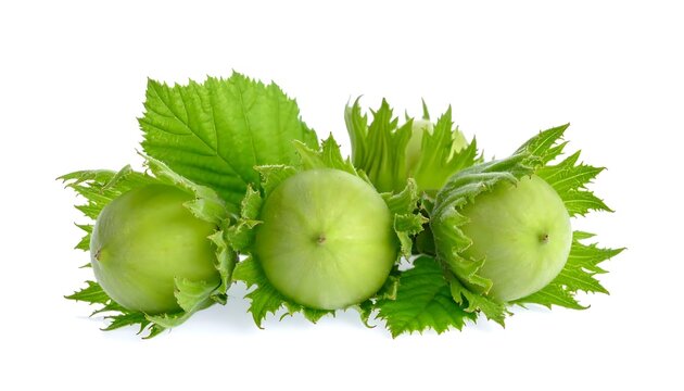 Fresh Green Hazelnuts Arranged with Leaves on White Background