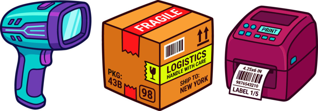 Logistics Warehouse Delivery Vector Icon Set with Handheld Barcode Scanner Cardboard Shipping Parcel Box and Thermal Label Printer Machine for Supply Chain Designs