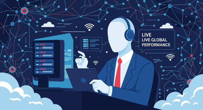 Man in suit with headphones working on computer in data center.