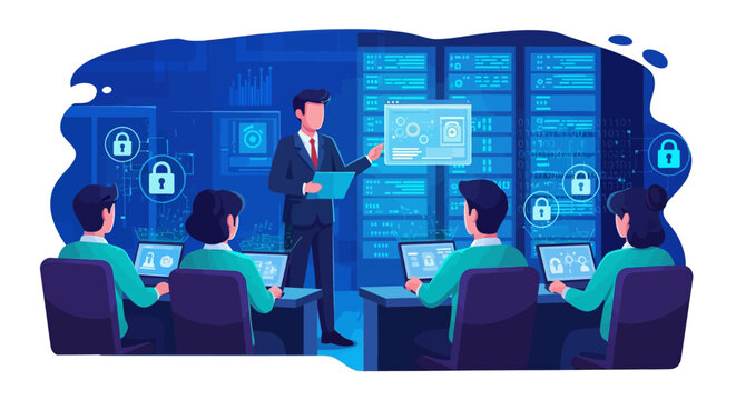 Man teaching computer class about data security in server room.