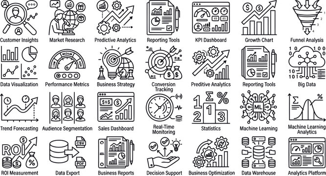 Enterprise Data Analytics and KPI Monitoring Outline Icons Featuring Business Intelligence, Predictive Modeling, Reporting Dashboards and Machine Learning Insights
