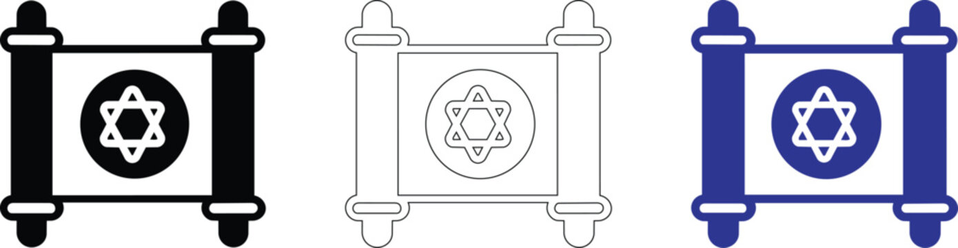 Torah scroll vector illustration icons showing star of david symbol in black outline and blue color styles.