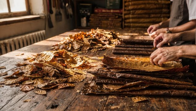Medium shot capturing the sorting of mixed grade cigar wrapper leaves showcasing the contrast in leaf sizes and colors as they are separated for different product lines.
