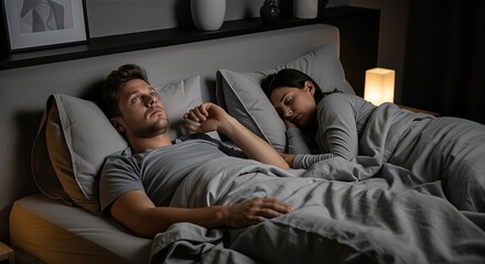 Fototapeta premium Sleepless partner lying awake beside sleeping partner in modern bedroom at night, showing insomnia, anxiety, emotional distance, restless sleep, relationship stress