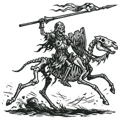 Fototapeta premium Detailed vector engraving illustration of a skeleton knight riding a bone horse, holding a spear and shield. Vintage dark fantasy monochrome graphic.