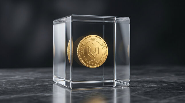 Gold coin preserved inside a transparent glass cube on a dark marble surface